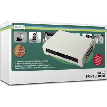 Tiskový server Digitus USB a paralelní tiskový server, 3 porty 1x RJ45, 2x USB A, 1x Centronics DB-36-pinová samec