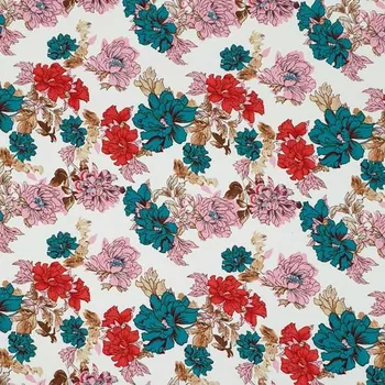 Lněná směsová tkanina bílá, červené, růžové a tyrkys květy, š.140