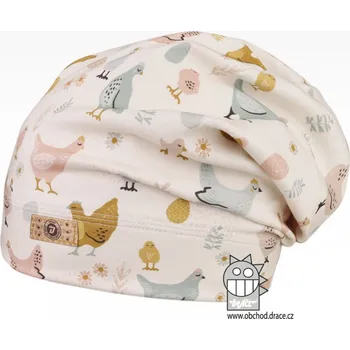 Čepice Bavlněná celopotištěná spadlá čepice Dráče - vzor 15 - béžová, slepičky Barva: Béžová, Velikost: 52-54