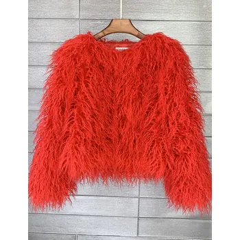 Dámský kožich Boho kožich bunda kožešinová s dlouhým rukávem Barva: Červená, Velikost: L