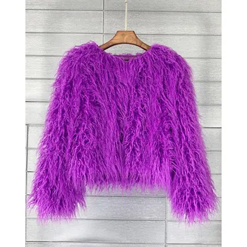 Dámský kožich Boho kožich bunda kožešinová s dlouhým rukávem Barva: Fialová, Velikost: M