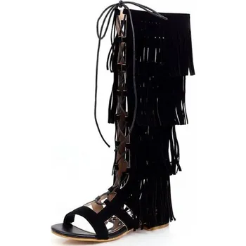 Dámské kozačky Letní kozačky sandály s třásněmi GoodDayGirl Fashion Barva: Černá, Velikost: 34