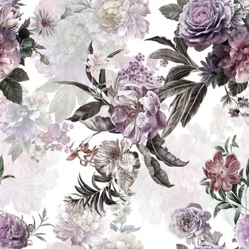 Dimout bílý, velké lila květy, š.150