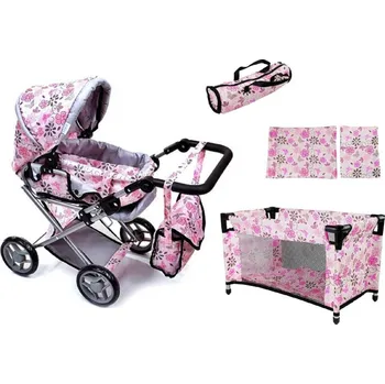 Kočárek pro panenku Doris 5v1 kočárek pro panenky, světle růžový s kytičkami