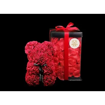 plyšák Medvídárek Romantic 25cm dárkově balený - rudý zasypaný tmavě červenými lístky