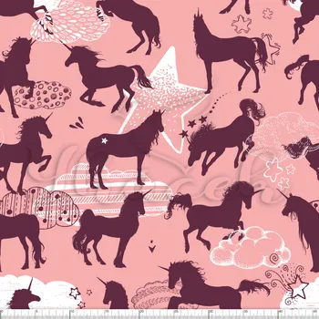 Zakázkový tisk, softshell, kočárkovina... Jednorožci, hvězdy a mraky na meruňkové Látky k tisku: Microfirba