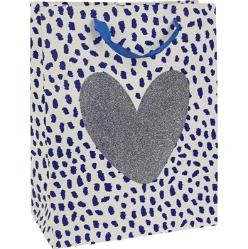 Dárková taška Taška papírová modrá se srdíčkem velká 26x12x32 cm