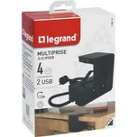 Připínací prodlužovací kabel černý s vypínačem 1,5m 4 zásuvky USB A+A Legrand