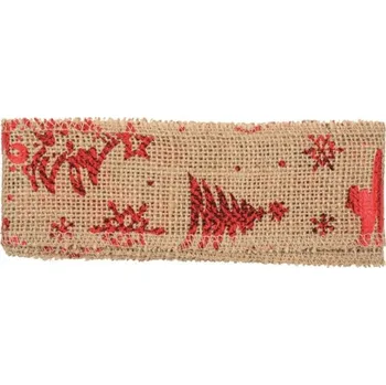 Stuha jutová s červeným potiskem šířka 6 cm, 2 m