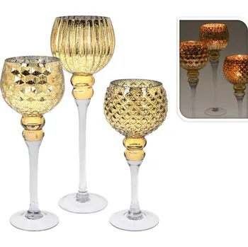 Svícen Skleněný svícen set 3ks na nožičce, zlatá 2202 gram