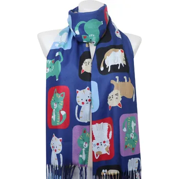 Šátek Dámský kašmírový obdélníkový šál 2110-15 kreslené kočičky, tmavě modré barvy 7200584-8