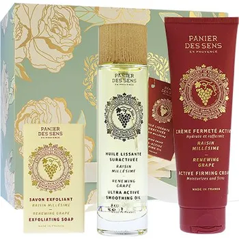 Kosmetická sada Panier Des Sens Renewing Grape dárková sada exfoliační mýdlo 150 g + suchý tělový olej 100 ml + zpevňující tělový krém 140 ml
