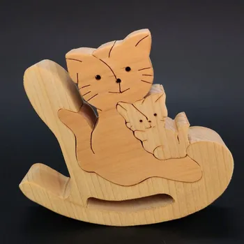 Hodiny AMADEA Dřevěné puzzle houpací kočka, masivní dřevo dvou druhů dřevin, 14x11,5x3 cm