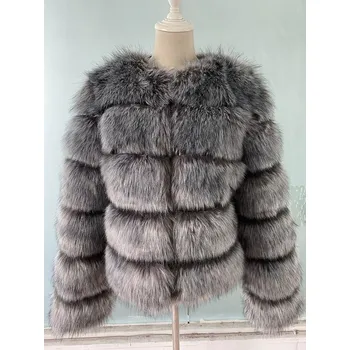 Dámská bunda Chlupatá kožešinová bunda zimní kožich s dlouhým rukávem Barva: Stříbrná, Velikost: XL