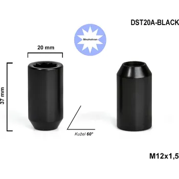 Matice na kolo Kolová matice M12x1,5 kužel s vnitřním mnohohranem, DST20A-BLACK, výška 37, Ø 20 mm, černá