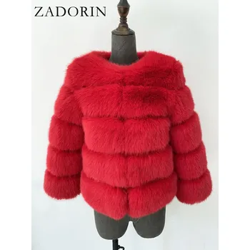 Dámská parka Chlupatá kožešinová bunda zimní kožich s dlouhým rukávem Barva: Červená, Velikost: XL