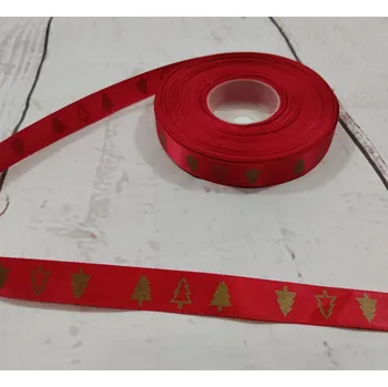 Stuha Stuha saténová, Vánoční stromečky na červené, 15 mm