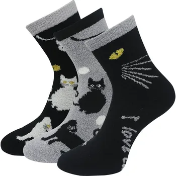 Dámské ponožky Zvýhodněný set 3 párů, chlupatých termo ponožek s kočkami - černé barvy A14 Velikost ponožek: 35-38