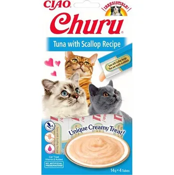 Pamlsek pro kočku CIAO Churu Cat Snack tuňák s příchutí hřebenatek 4x14g