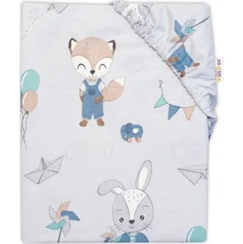 Prostěradlo Baby Nellys Dětské bavlněné prostěradlo do postýlky, Liška a zajíc, modré, 70x140 cm