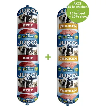 Krmivo pro psa Juko Petfood JUKO Salami Chicken (kuřecí) 2 x15 ks + Beef (hovězí) 2 x15 ks - SLEVA 10 %