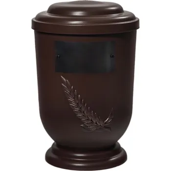 Smuteční dekorace Pohřební Plastová urna na popel, oválné oblé víčko, hnědá, štítek č. 51, 100 x 50, hnědá snítka