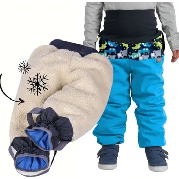 Chlapecké kalhoty Unuo (ušito v ČR) Zimní kalhoty Unuo s umělým kožíškem PLUS vel. 80/86 modré s autíčky (KOJENECKÁ ŘADA)