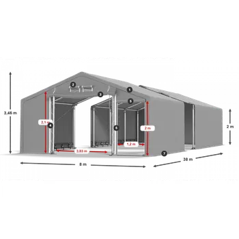 Zahradní stan Skladový stan celoroční 8x38x2m nehořlavá plachta PVC 600g/m2 konstrukce ZIMA PLUS