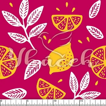 Zakázkový tisk, softshell, kočárkovina... Citróny a lístky na fuchsiové Látky k tisku: Microfirba