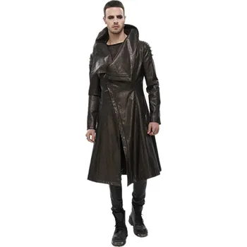Pánský zimní kabát kabát pánský DEVIL FASHION - Villain Blues Punk Faux Leather Trench Coat - Brown - L