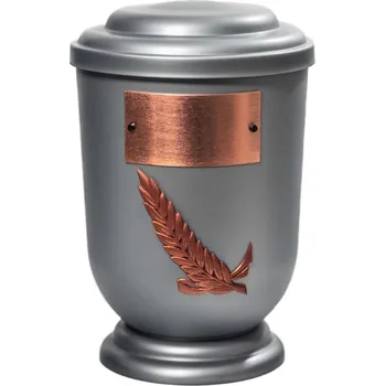 Smuteční dekorace Pohřební Plastová urna na popel, oválné oblé víčko, stříbrná, štítek č. 53, 100 x 50, snítka