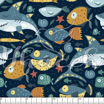 Zakázkový tisk, softshell, kočárkovina... Ryby a rybky na navy Látky k tisku: Kočárkovina