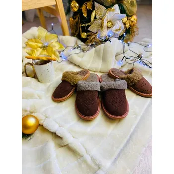 Dívčí mikina Set pro mamku a syna pantofle tmavě-hnědé zateplené 15, Velikost dospělí 41, Velikost děti 28