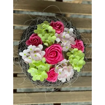 umělá květina RV studio Louny s.r.o. Mýdlová dekorace mix 11 květů v proutěném hnízdě - 1 ks Barva: Růžová