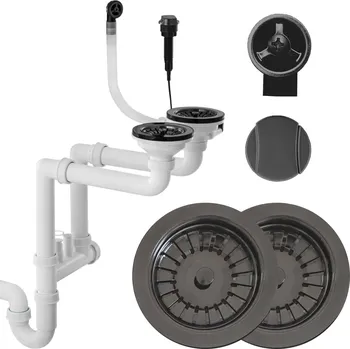 Sifon Mexen, sifon s automatickou zátkou pro odpad 2-komorového kuchyňského dřezu, grafitová, 66921-70