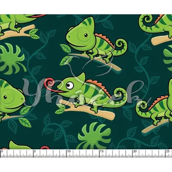 Zakázkový tisk, softshell, kočárkovina... Veselí chameleoni na petrolejové Látky k tisku: Kočárkovina