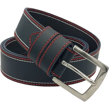 Opasek opaskujse Kožený opasek premium, kůže navy, prošití červené a bílé, jednotrnová spona, leštěná hranatá, nerez Délka opasku: 95 cm