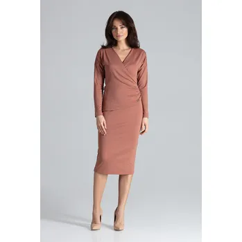 Dámská móda 7/8 dlouhé šaty s dlouhým rukávem K477 LENITIF Barva: Hnědá, Velikost: L