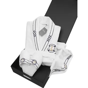 Pánský župan Soft Cotton Luxusní pánský župan s ručníkem a pupučemi MARINE MAN v dárkovém balení, Bílá, 450 g / m², Česaná prémiová bavlna 100%, Dlouhý - vel. XL + papučky (42/44) + ručník + box, námořnický vzor
