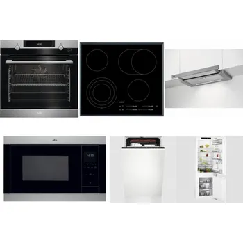 Set domácích spotřebičů AEG Mastery SteamBake BCK455350M + AEG Mastery DirectTouch HK654070FB + AEG DPE5660M + AEG Mastery MSB2547D-M + AEG Mastery MaxiFlex FSE73507P + AEG Mastery FlexiShelf SCE818D3LC