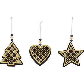 Vánoční dekorace Dekorace závěsná - Vánoční motivy dřevěné 12 cm černo-zlaté, mix / 1ks