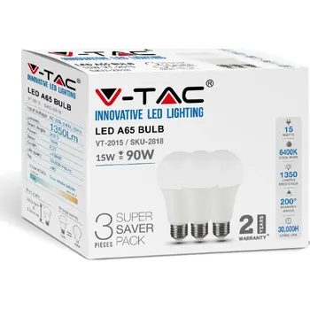 Žárovka V-TAC LED žárovka A65 15W 1521lm E27 - balení 3 kusů Barva světla: Denní bílá