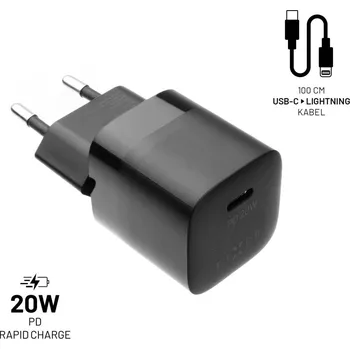 Set síťové nabíječky FIXED Mini s USB-C výstupem a USB-C/Lightning kabelu, podpora PD, 1 metr, MFI, 20W, černý
