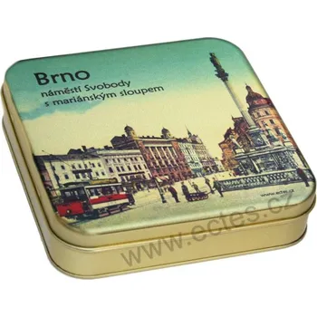 Dóza na potraviny BRNO NÁMĚSTÍ SVOBODY zlatá plechová dóza 7414/40 náměstí s Mariánským sloupem