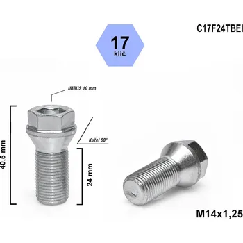 Šroubek na kolo Kolový šroub M14x1,25x24 kuželový s krátkou hlavou, klíč 17, C17F24TBEI, výška 40,5 mm