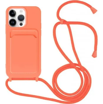 Pouzdro na mobilní telefon Silikonový kryt se šňůrkou a kapsou na karty pro iPhone 14 Pro Max - neonově oranžový