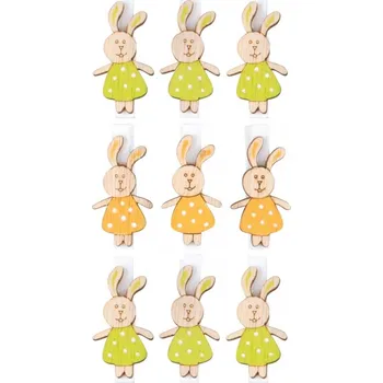 Velikonoční dekorace Dřevění zajíčci v sukýnce na kolíčku 4,5 cm, 9 ks v sáčku