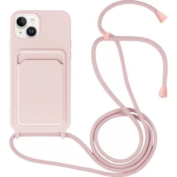 Pouzdro na mobilní telefon Silikonový kryt se šňůrkou a kapsou na karty pro iPhone 14 Plus - růžový