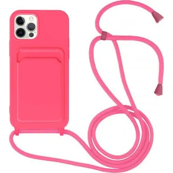 Pouzdro na mobilní telefon Silikonový kryt se šňůrkou a kapsou na karty pro iPhone 11 Pro - neonově růžový