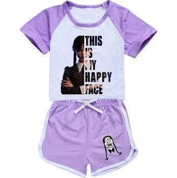 Dětský letní set tričko + kraťasy Wednesday Addams - Happy Face Barva: Fialová, Velikost: 170
